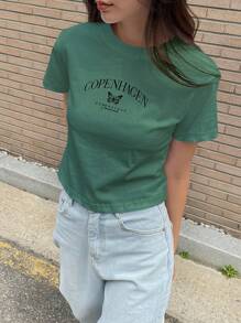 DAZY Hoạt hình Bướm & Chữ cái Áo thun - màu xanh lá - Xem 1