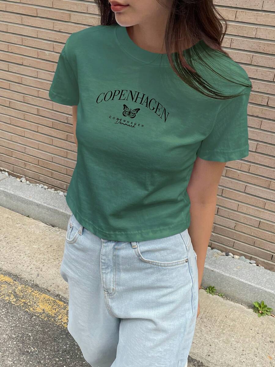 DAZY Hoạt hình Bướm & Chữ cái Áo thun - màu xanh lá - Xem 1