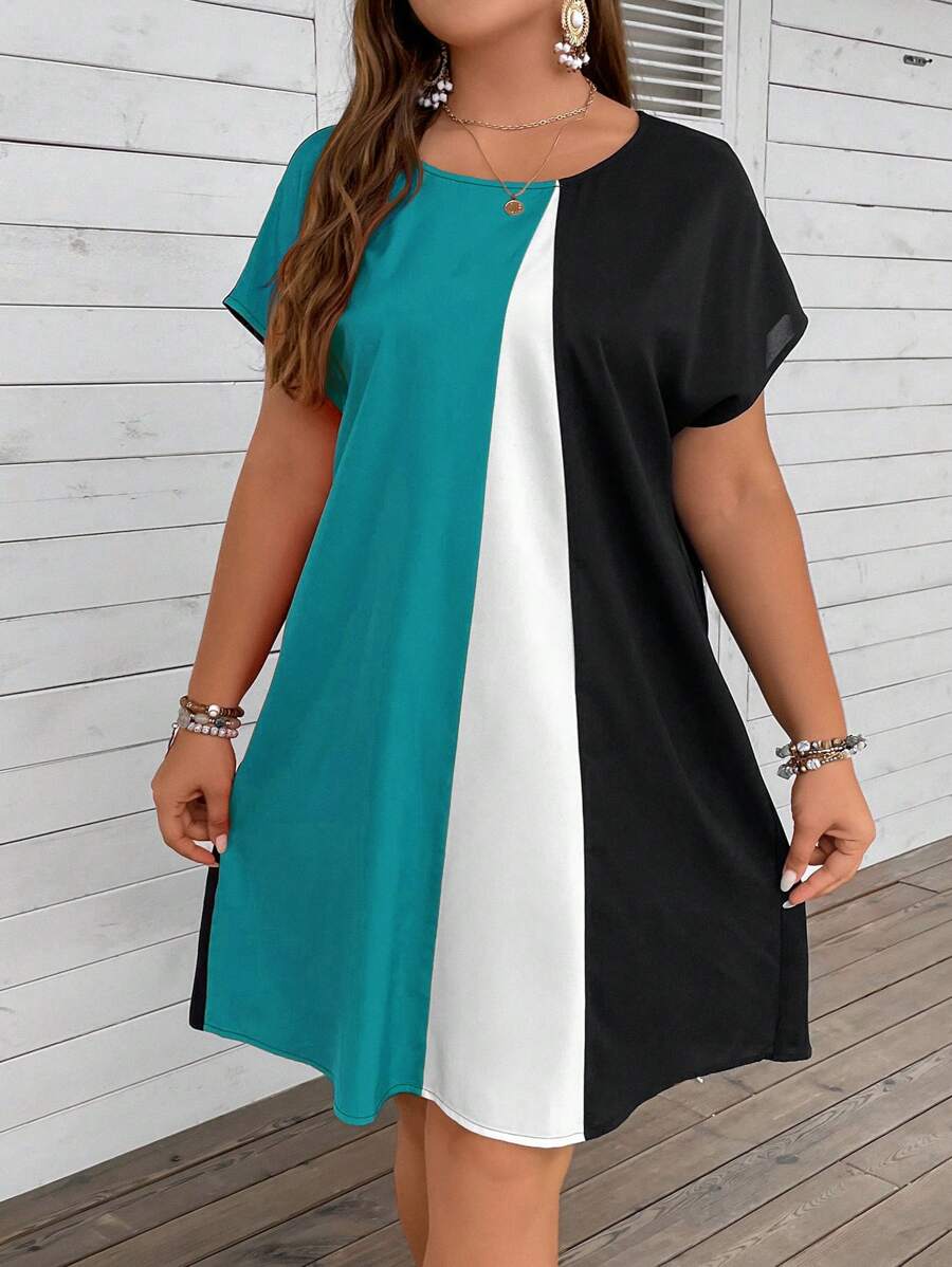 EMERY ROSE 夏季度假必备拼色蝙蝠袖连衣裙 - 綠色 - 查看 1