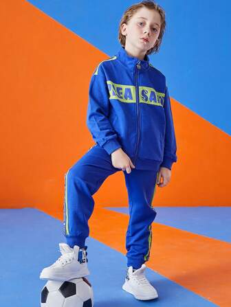 Tween Boy Letter Graphic Contrast Side Seam Zip Up Jacket & Sweatpants