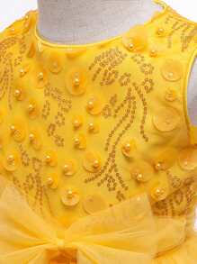女小童珍珠串珠前蝴蝶結網紗邊派對禮服 - 黃色 - 查看 8