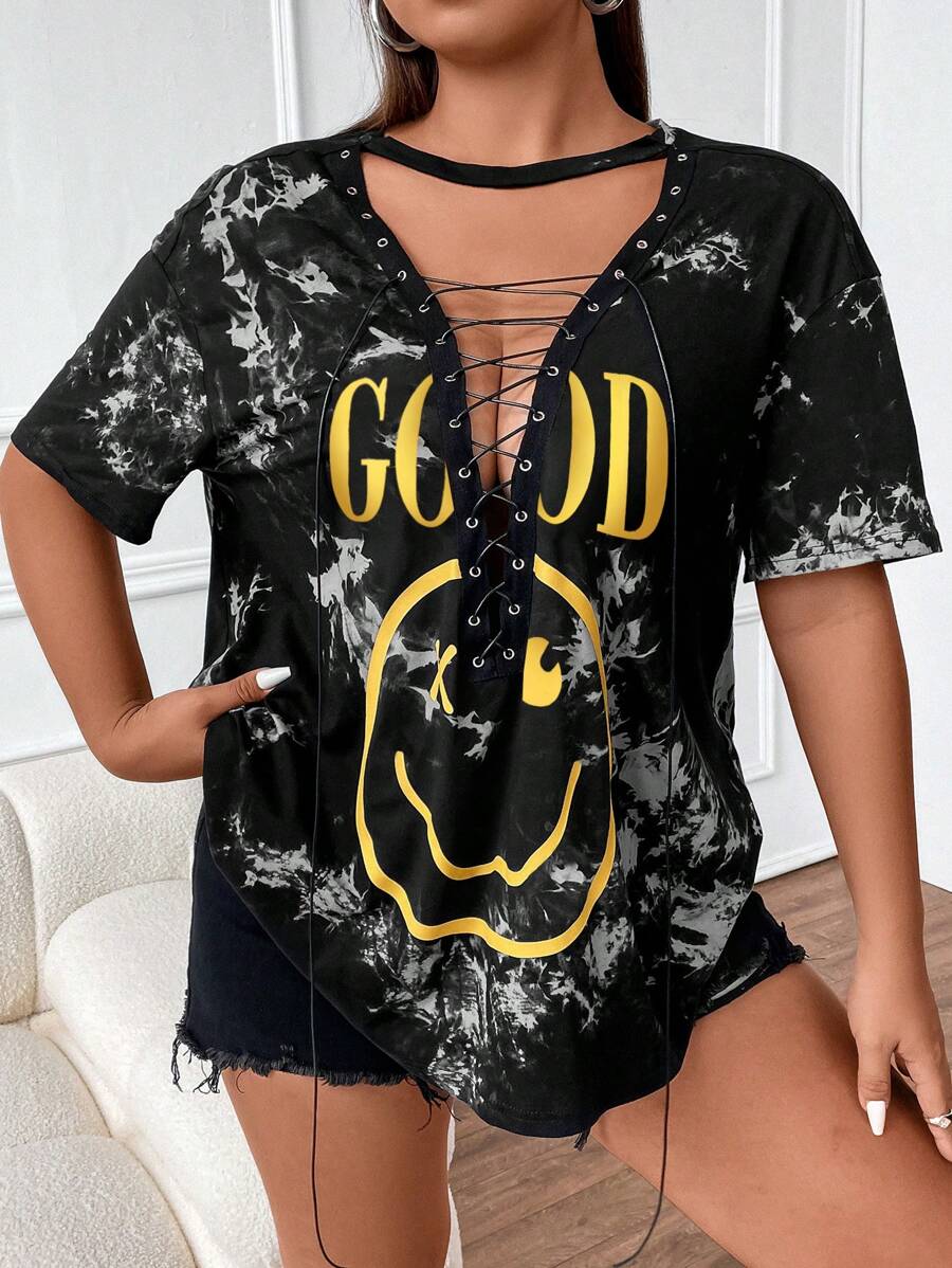 POPSWAY Plus Tie Dye Cartoon Graphic Cut Out Front Tee, Women Summer Top - Grey - View 1