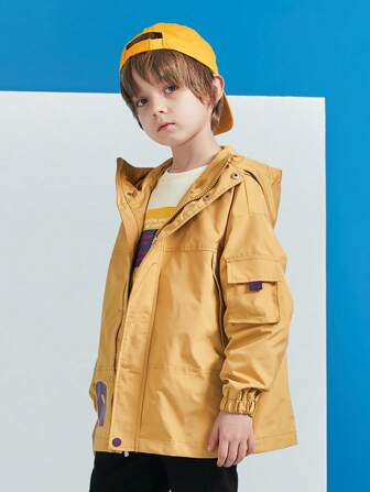 Tween Boy Letter Graphic Flap Pocket Hooded Coat