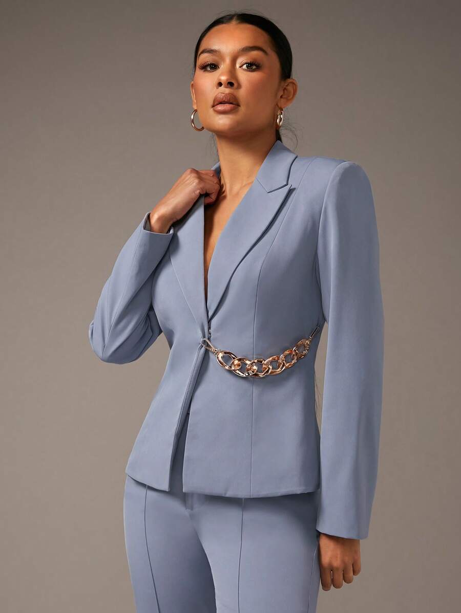 SHEIN BAE Peak Neck Chain Detail Single Button Blazer - Dusty Blue - View 1
