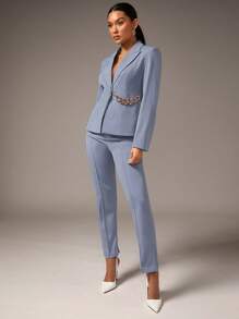 SHEIN BAE Peak Neck Chain Detail Single Button Blazer - Dusty Blue - View 3