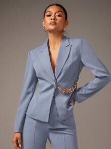 SHEIN BAE Peak Neck Chain Detail Single Button Blazer - Dusty Blue - View 4