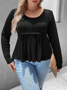 SHEIN LUNE Plus Solid Peplum Tee - Black - View 3