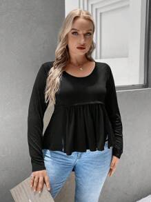 SHEIN LUNE Plus Solid Peplum Tee - Black - View 4