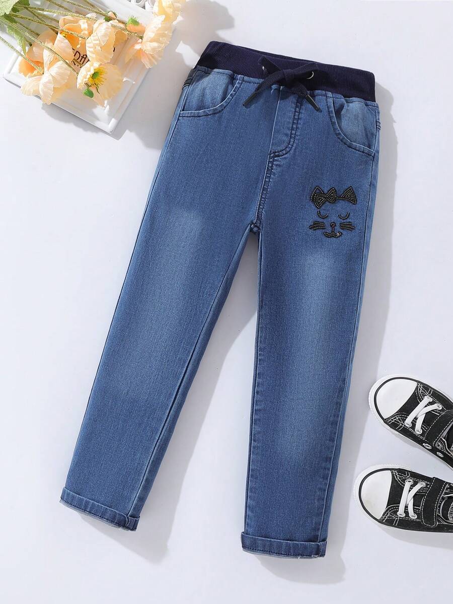 Cô gái Tween Thêu Hoạt hình Quần jean - Rửa trung bình - Xem 1