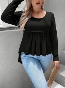 SHEIN LUNE Plus Solid Peplum Tee - Black - View 1