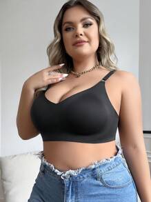 Women's Plus Size Casual Black Plain Fabric Bra With Slight Stretch - Black - View 1