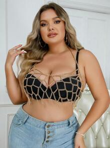 大碼鏈條鏈接胸罩背帶不附帶內衣褲套裝 - 金色 - 查看 1