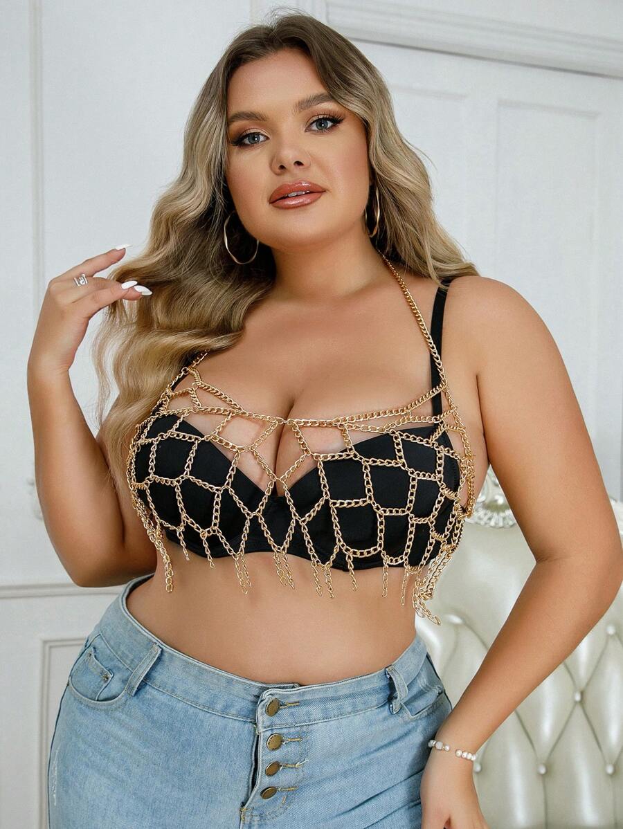 大碼鏈條鏈接胸罩背帶不附帶內衣褲套裝 - 金色 - 查看 1