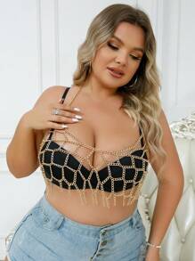 大碼鏈條鏈接胸罩背帶不附帶內衣褲套裝 - 金色 - 查看 5