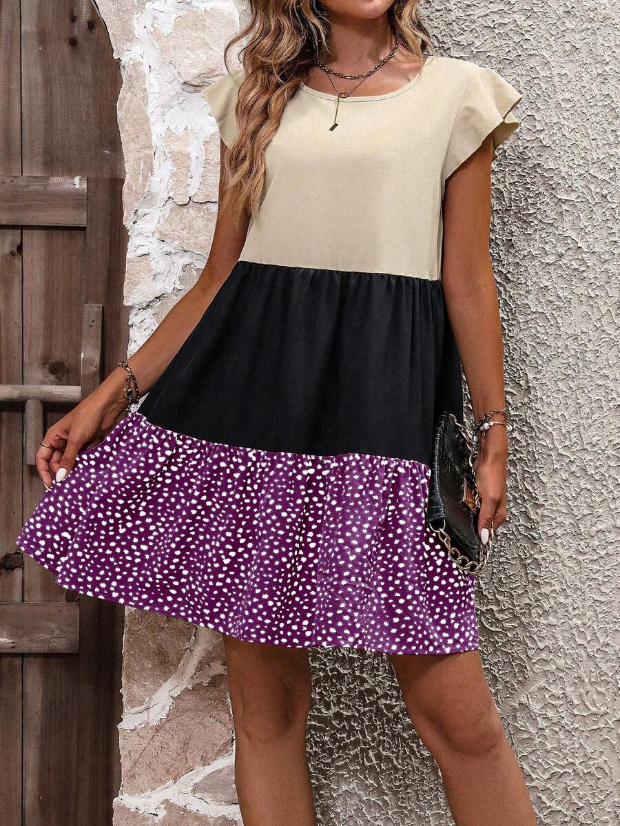 SHEIN LUNE Colorblock Ruffle Hem Smock Dress - Red Violet - View 1