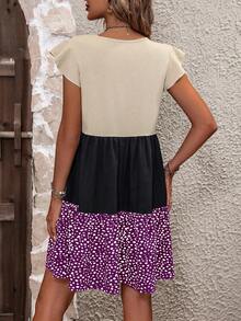 SHEIN LUNE Colorblock Ruffle Hem Smock Dress - Red Violet - View 2