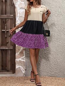 SHEIN LUNE Colorblock Ruffle Hem Smock Dress - Red Violet - View 3