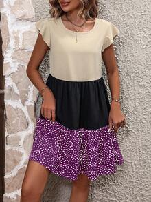 SHEIN LUNE Colorblock Ruffle Hem Smock Dress - Red Violet - View 4