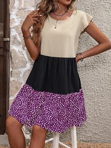 SHEIN LUNE Colorblock Ruffle Hem Smock Dress - Red Violet - View 5