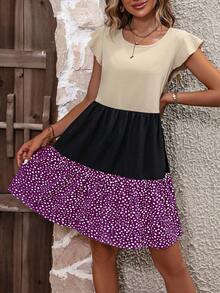 SHEIN LUNE Colorblock Ruffle Hem Smock Dress - Red Violet - View 6