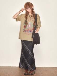 ROMWE Fairycore 骷髏&字母圖案落肩T恤 - 卡其色 - 查看 5