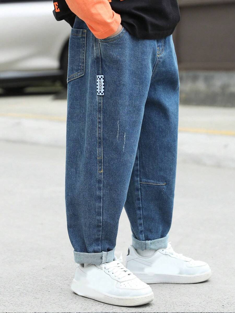 男大童字母刺繡直筒牛仔褲