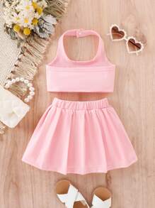 嬰兒素色掛脖上衣和百褶半身裙 - 粉色 - 查看 2