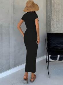 EURMUSE Solid Crop Tee & Split Thigh Skirt - Black - View 2