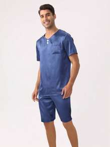 男士素色紐扣細節緞面睡衣套裝 - 藏蓝色 - 查看 9