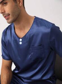 男士素色紐扣細節緞面睡衣套裝 - 藏蓝色 - 查看 10