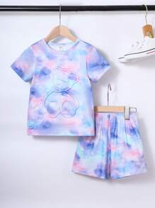 SHEIN 女小童紮染小熊印花T恤和短褲 - 紫色 - 查看 1