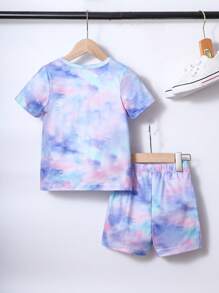 SHEIN 女小童紮染小熊印花T恤和短褲 - 紫色 - 查看 2