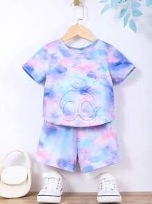 SHEIN 女小童紮染小熊印花T恤和短褲 - 紫色 - 查看 5