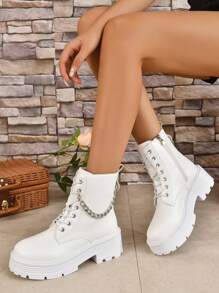 鏈條裝飾前綁帶馬丁靴適合女士,時尚 - 白色 - 查看 4
