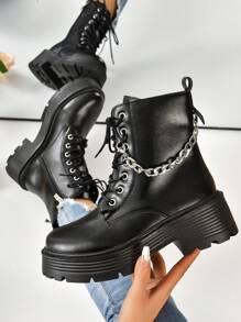 Ladies' Fashionable Combat Boots With Chain Decorated Strap And Front Lacing - Black - View 1