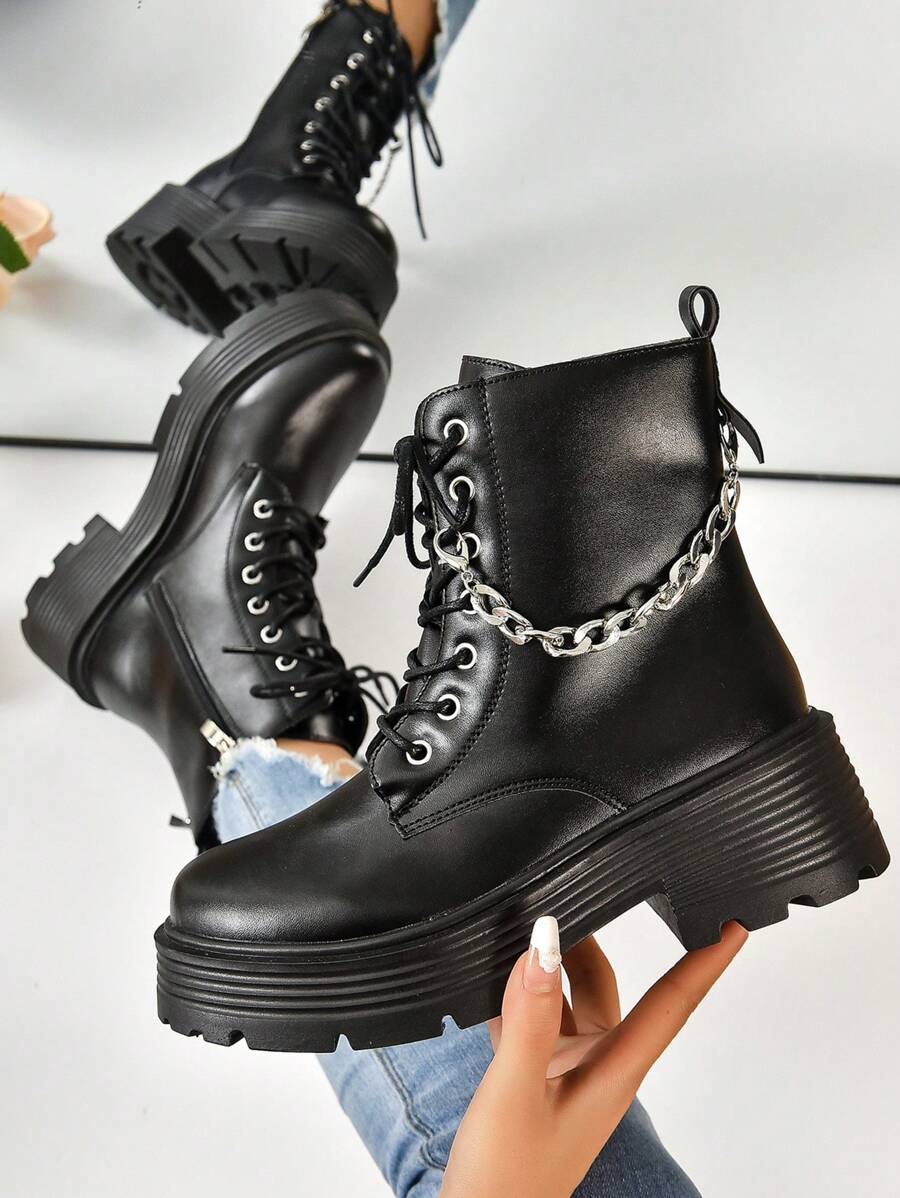 Ladies' Fashionable Combat Boots With Chain Decorated Strap And Front Lacing - Black - View 1