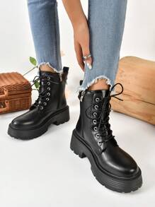Ladies' Fashionable Combat Boots With Chain Decorated Strap And Front Lacing - Black - View 3