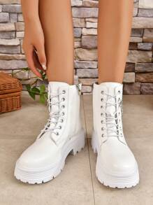 鏈條裝飾前綁帶馬丁靴適合女士,時尚 - 白色 - 查看 7