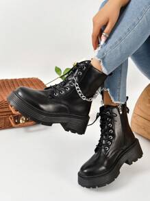 Ladies' Fashionable Combat Boots With Chain Decorated Strap And Front Lacing - Black - View 4