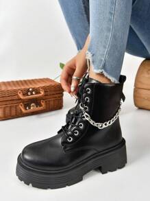 Ladies' Fashionable Combat Boots With Chain Decorated Strap And Front Lacing - Black - View 5