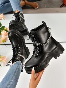 Ladies' Fashionable Combat Boots With Chain Decorated Strap And Front Lacing - Black - View 6