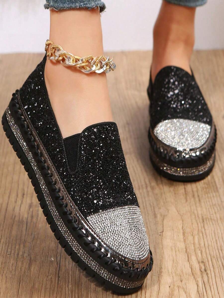 秋冬欧美风简约一脚蹬乐福鞋，带闪亮水钻，女士休闲平底鞋