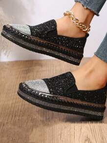 秋冬欧美风简约一脚蹬乐福鞋，带闪亮水钻，女士休闲平底鞋