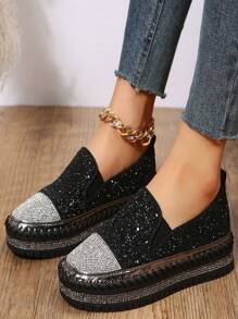 秋冬欧美风简约一脚蹬乐福鞋，带闪亮水钻，女士休闲平底鞋