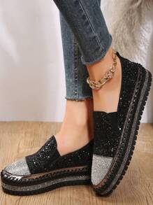 秋冬欧美风简约一脚蹬乐福鞋，带闪亮水钻，女士休闲平底鞋