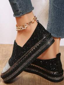 秋冬欧美风简约一脚蹬乐福鞋，带闪亮水钻，女士休闲平底鞋