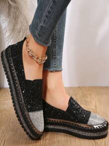 秋冬欧美风简约一脚蹬乐福鞋，带闪亮水钻，女士休闲平底鞋