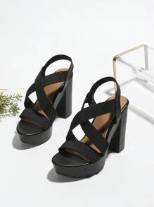 女士优雅夏季舞会黑色松紧带仿木底踝带厚高跟防水厚底凉鞋 - 黑色 - 查看 4