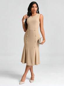 SHEIN Clasi Button Detail Mermaid Hem Dress - Khaki - View 2