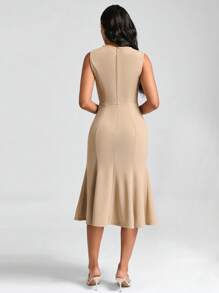 SHEIN Clasi Button Detail Mermaid Hem Dress - Khaki - View 3